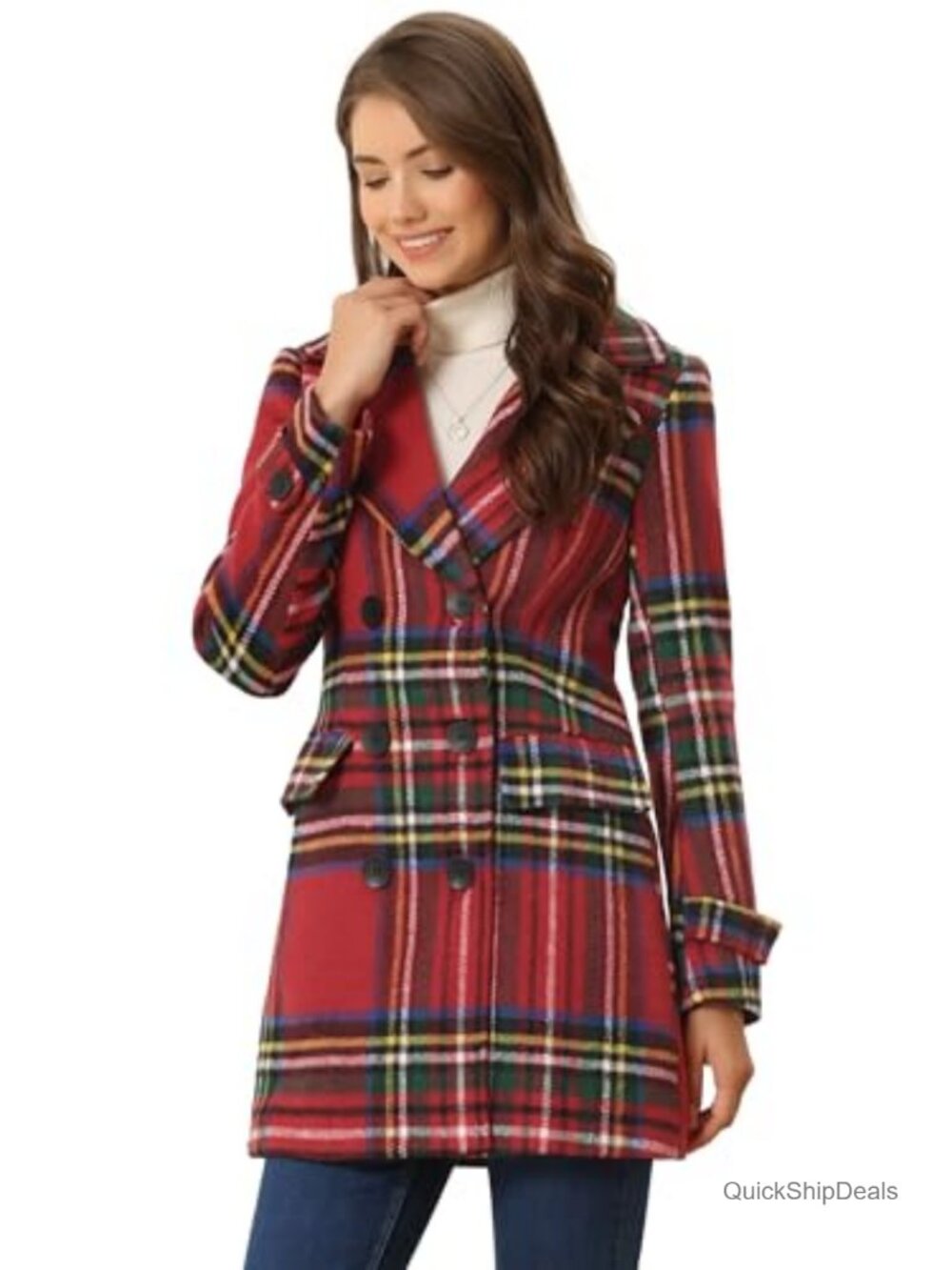 Women's Wool & Pea Coat Plaid Double Breasted Winter